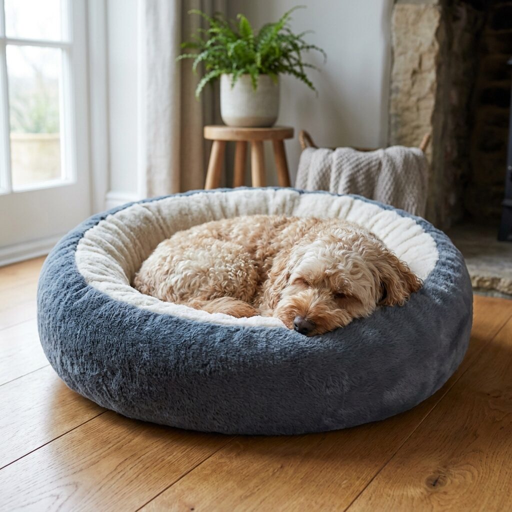 Calming donut bed in plush sherpa with raised rim
